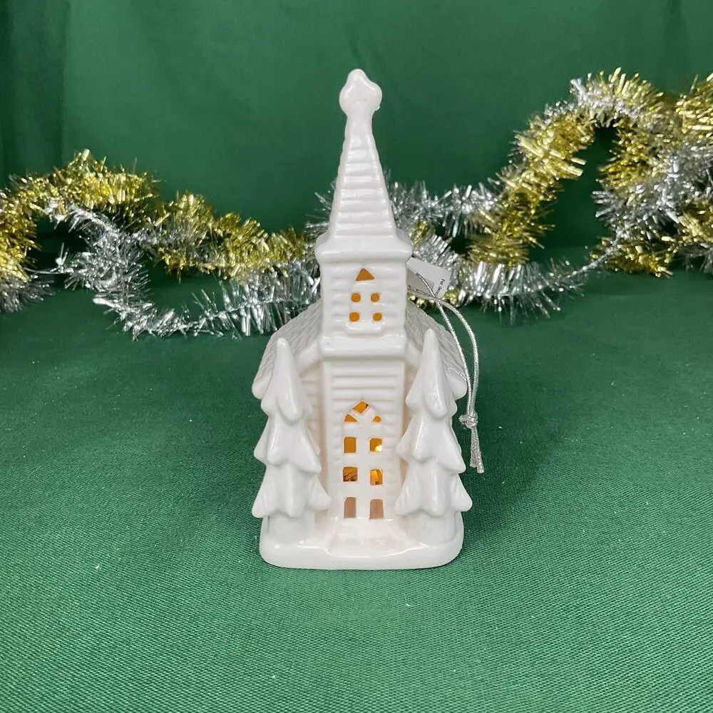 White Ceramic Light Up Church Christmas Ornament LED Glowing Chapel Pine Trees
